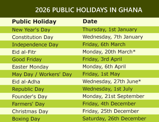 Click to save holidays Holidays in Ghana 2026