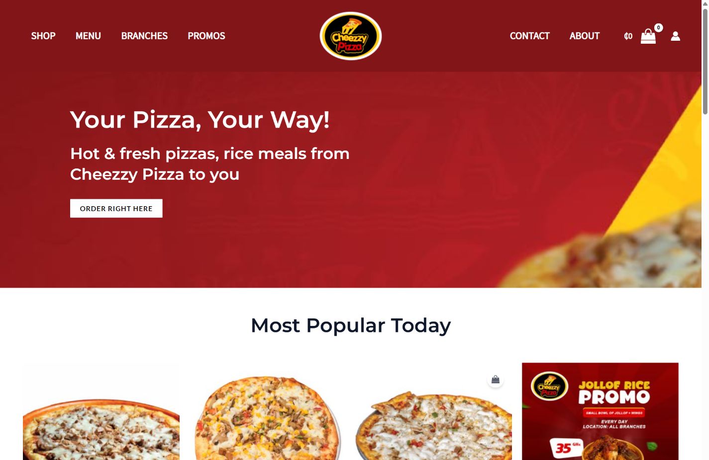 Cheezzy Pizza homepage on desktop
