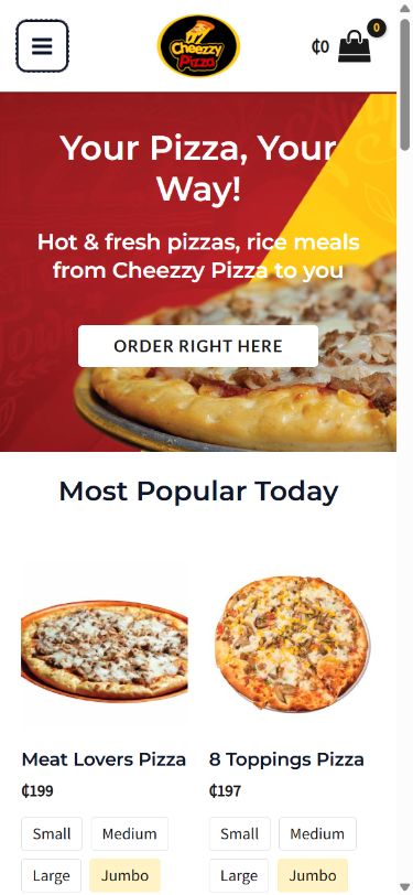 Cheezzy Pizza website at a mobile screen size