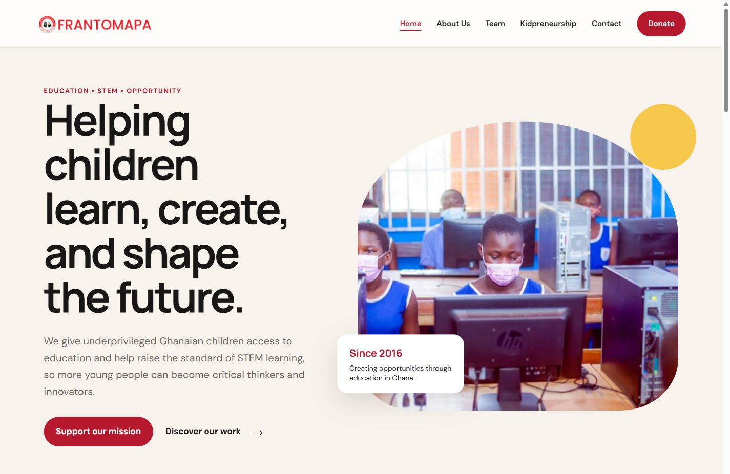 Frantomapa Educational Aid homepage on desktop